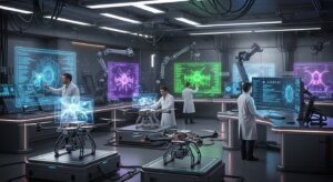 Scientists in lab coats working on drones with holographic technical displays in a futuristic lab environment.