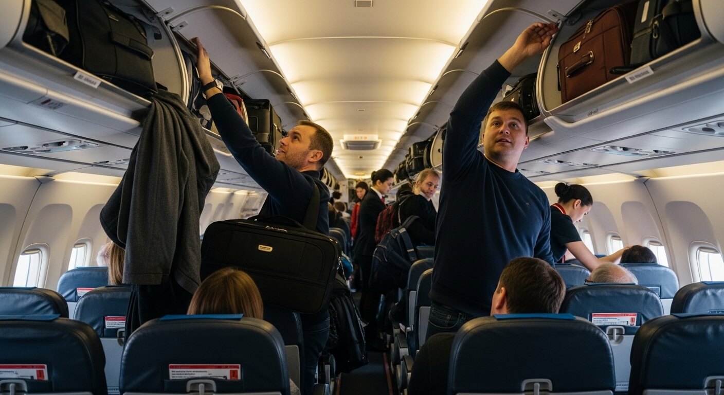 Passengers stowing luggage in overhead bins inside a commercial airplane cabin during boarding.
