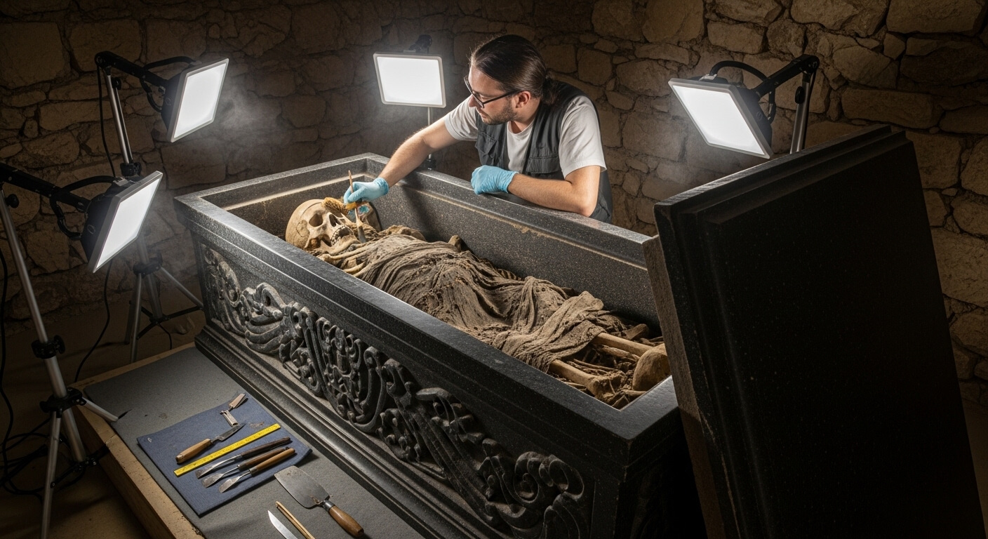 Archaeologist carefully brushing dust off a mummified skeleton inside an ornate stone sarcophagus under bright lights.