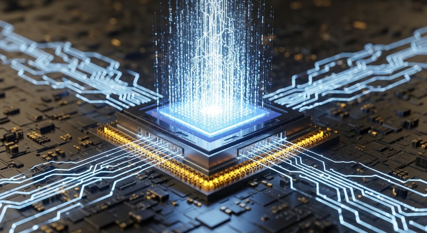 Glowing microchip with digital data streams and circuit lines on a dark motherboard background.