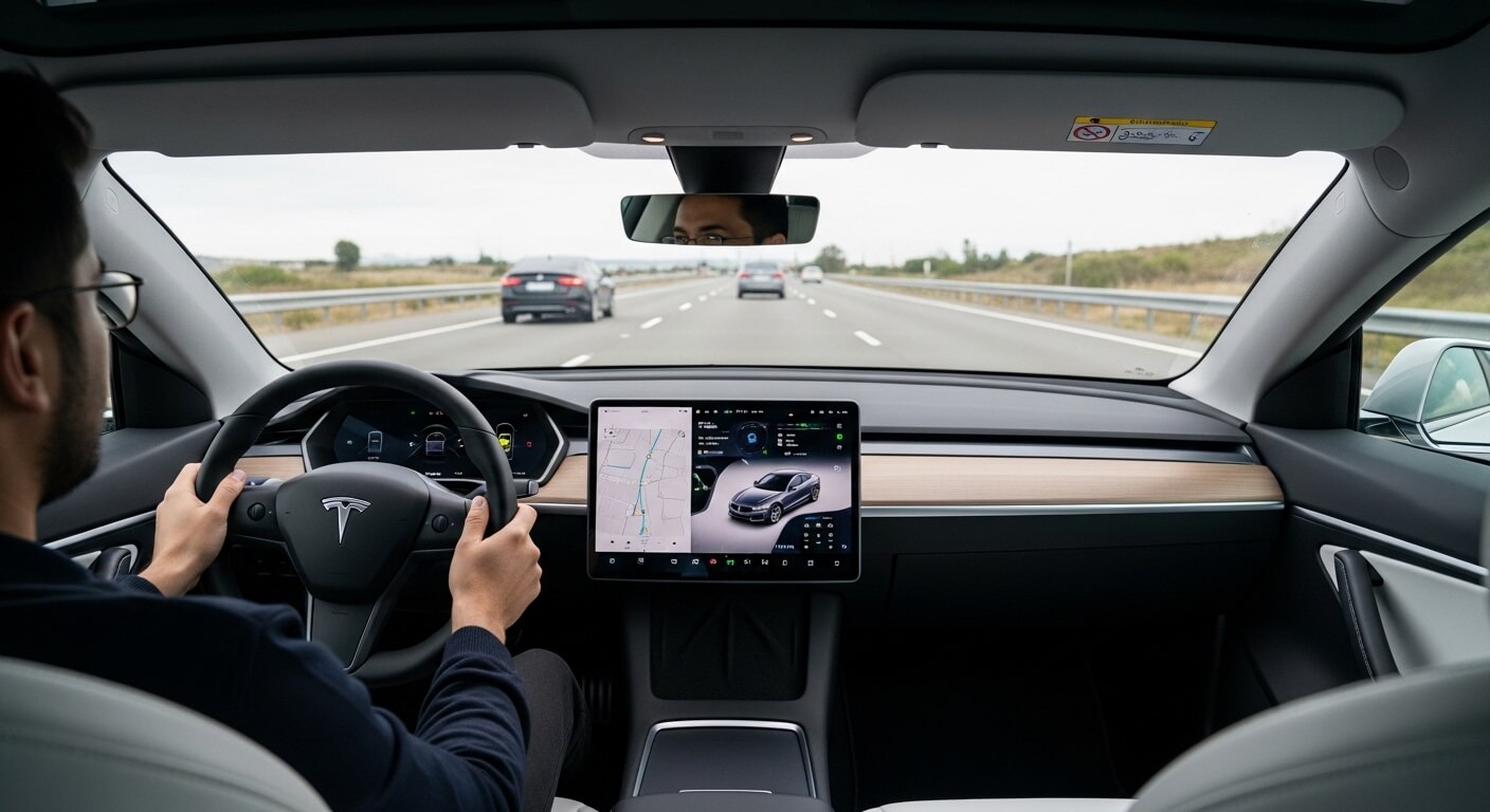 Person driving a Tesla with navigation and vehicle status displayed on the central touchscreen on a highway.