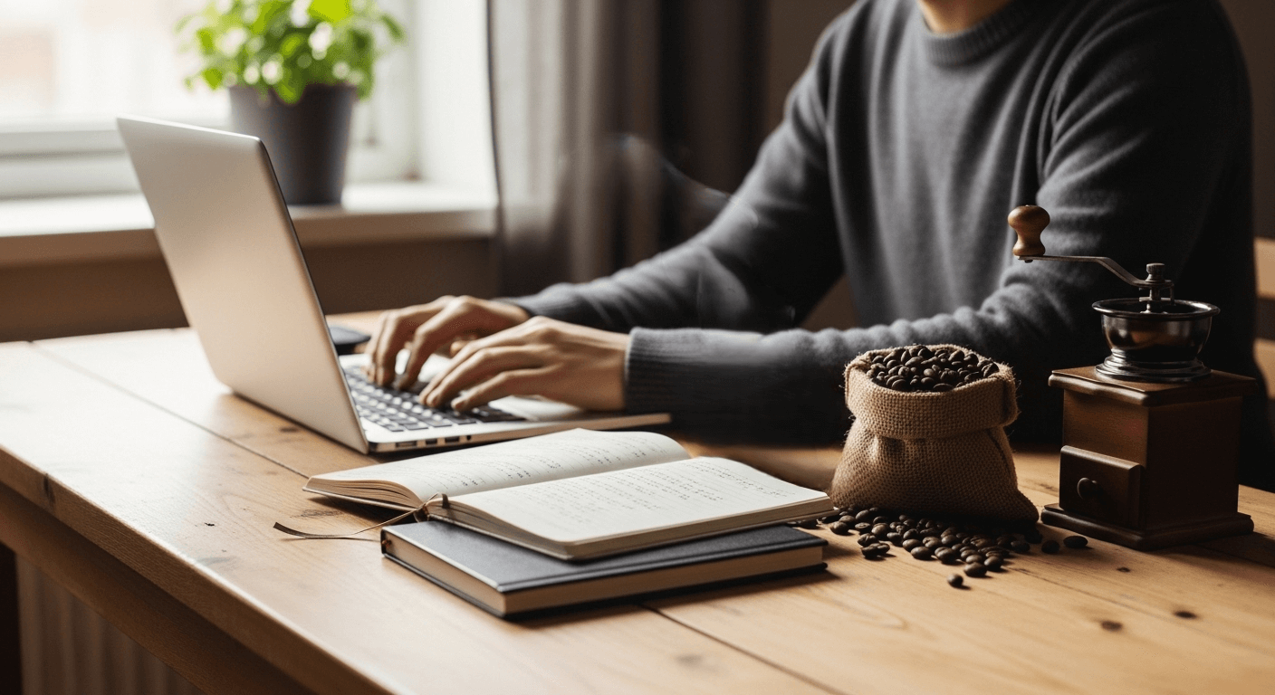 Person typing on laptop at wooden table with open notebooks, coffee beans in burlap sack, and manual coffee grinder nearby