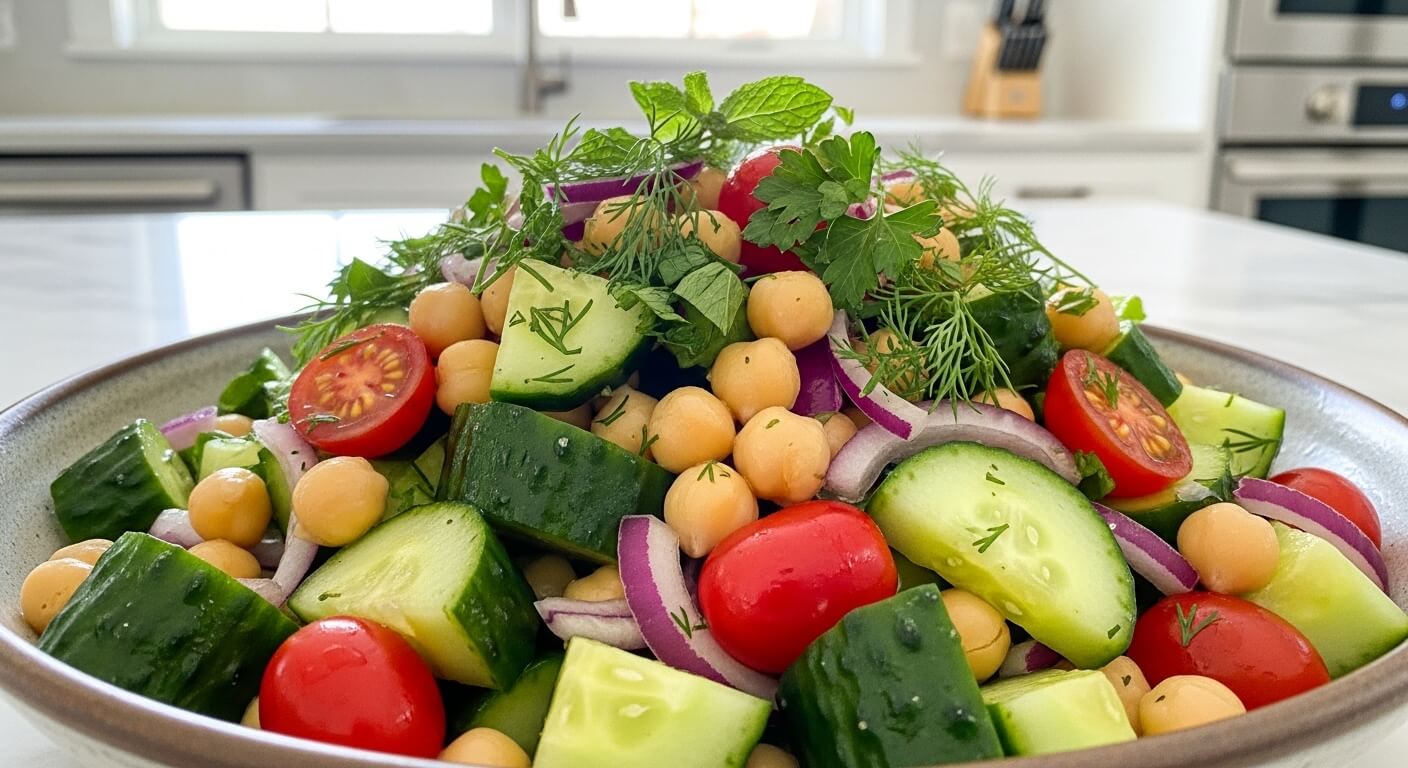 Chickpea salad with cucumber, cherry tomatoes, red onion, and fresh herbs in a kitchen setting