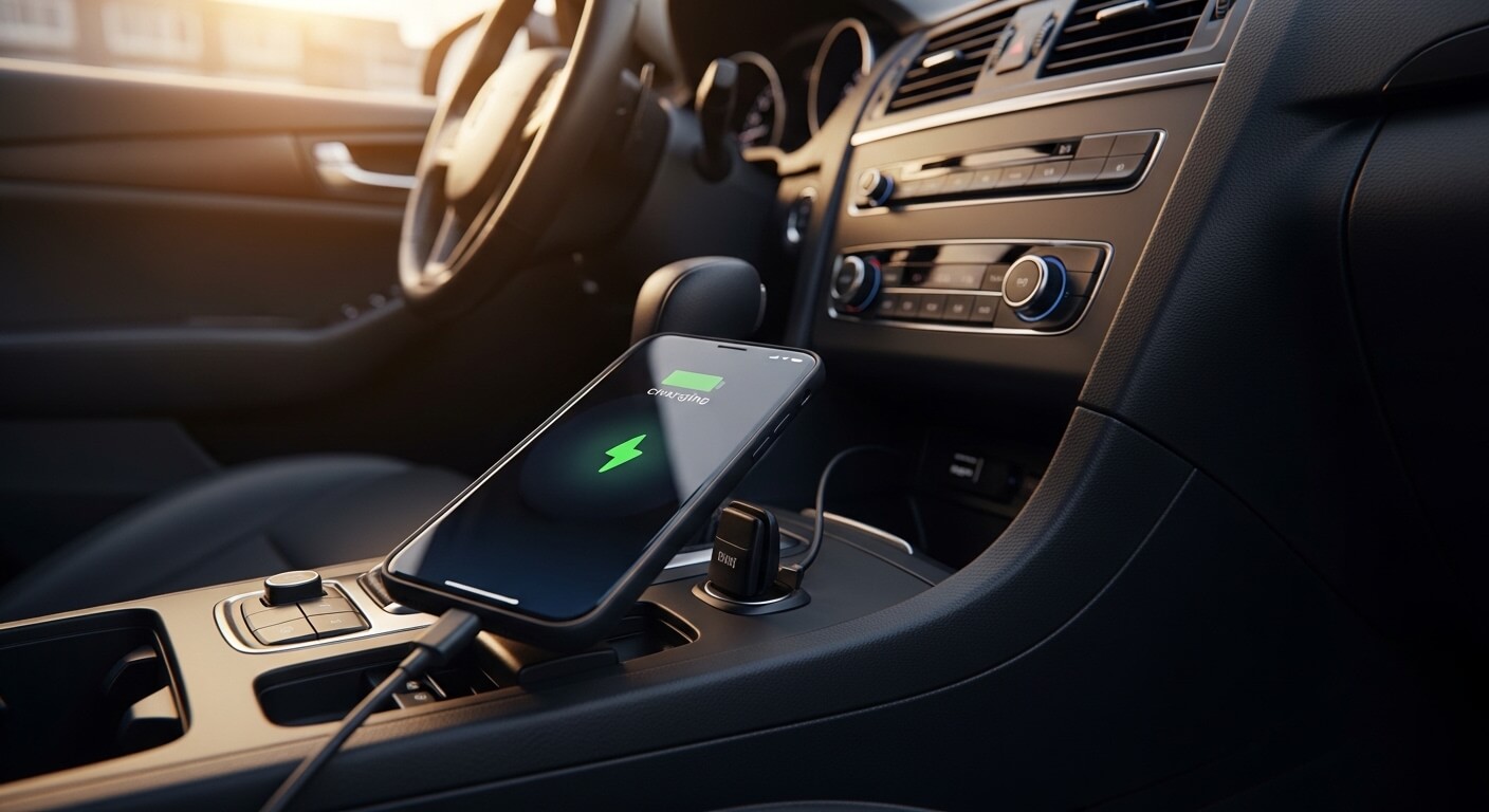 Smartphone charging on a wireless charger in a modern car interior at sunset