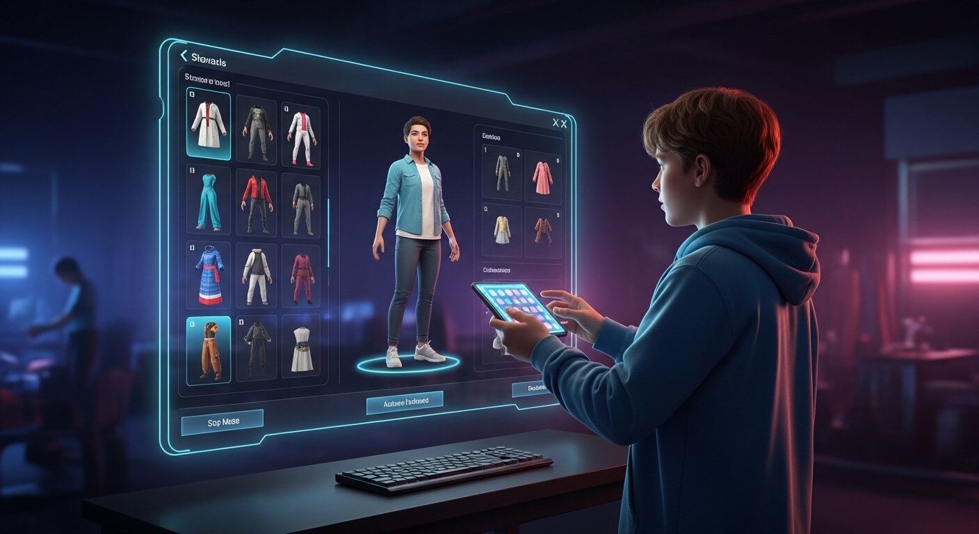 Young person customizing a digital avatar's outfit using a tablet and holographic interface in a futuristic room.