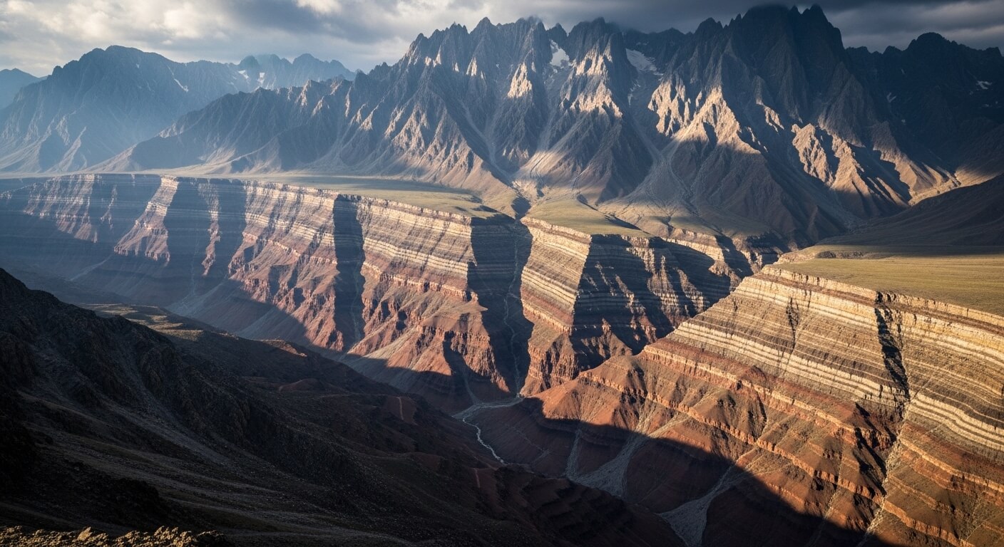 Layered rock formations and steep cliffs in a mountainous canyon illuminated by sunlight and shadows.