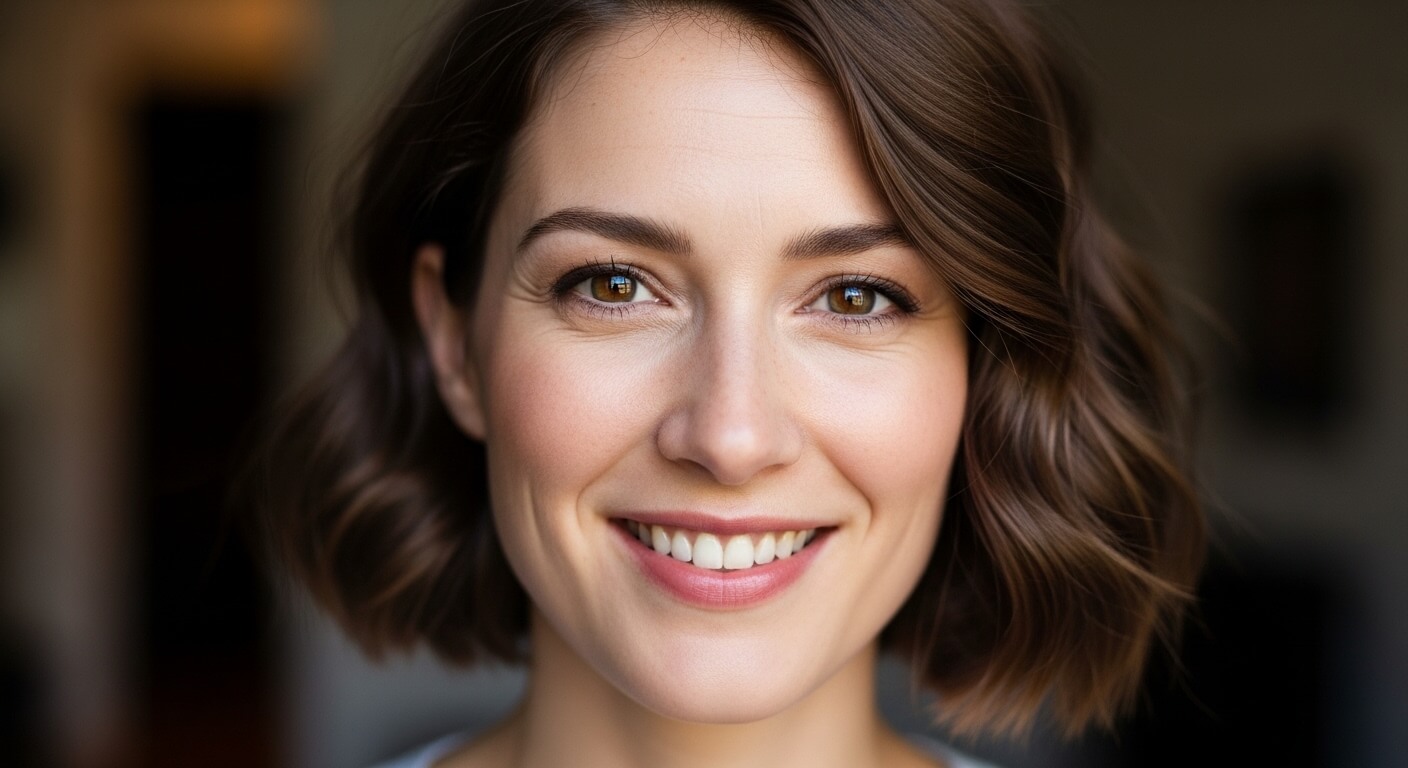 Smiling woman with short wavy brown hair and brown eyes against a blurred background