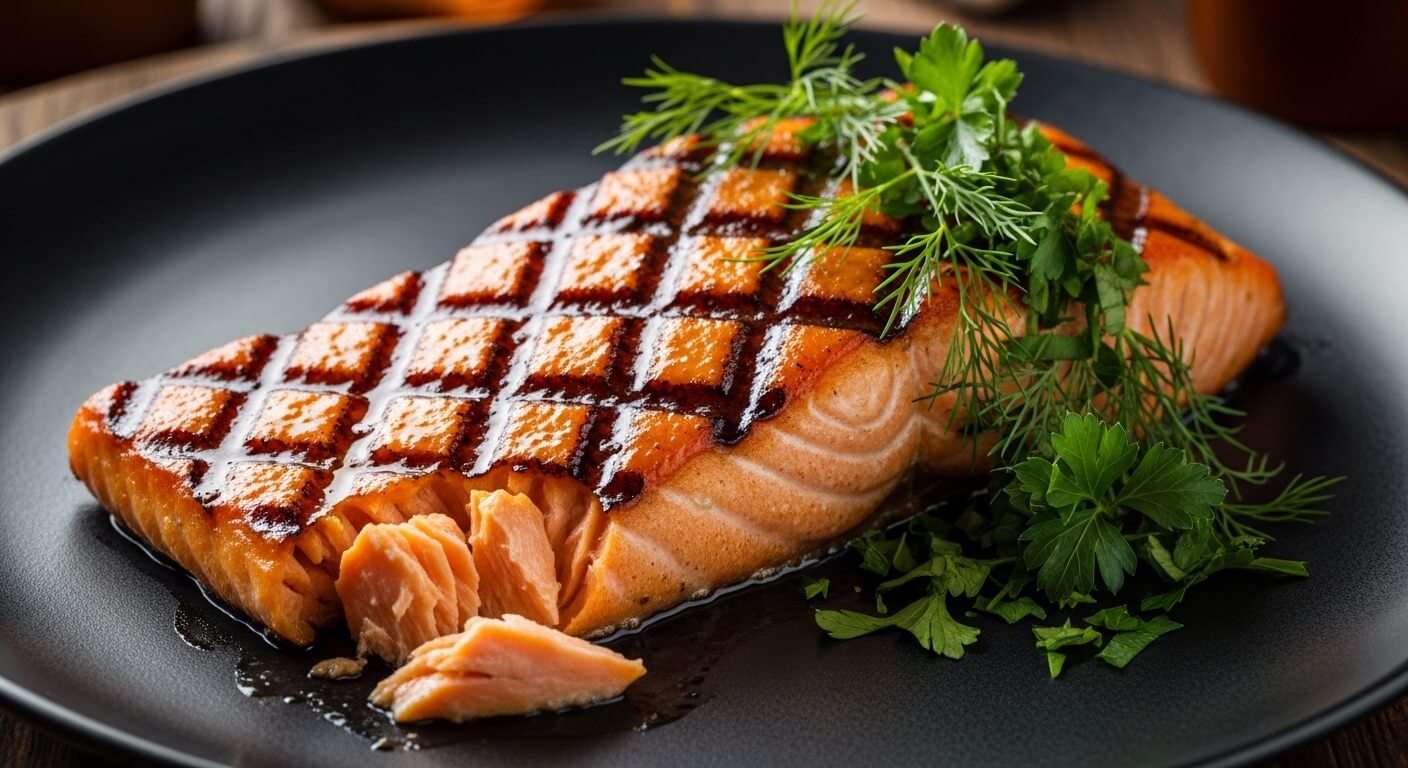 Grilled salmon fillet with crosshatch grill marks garnished with fresh parsley and dill on a black plate