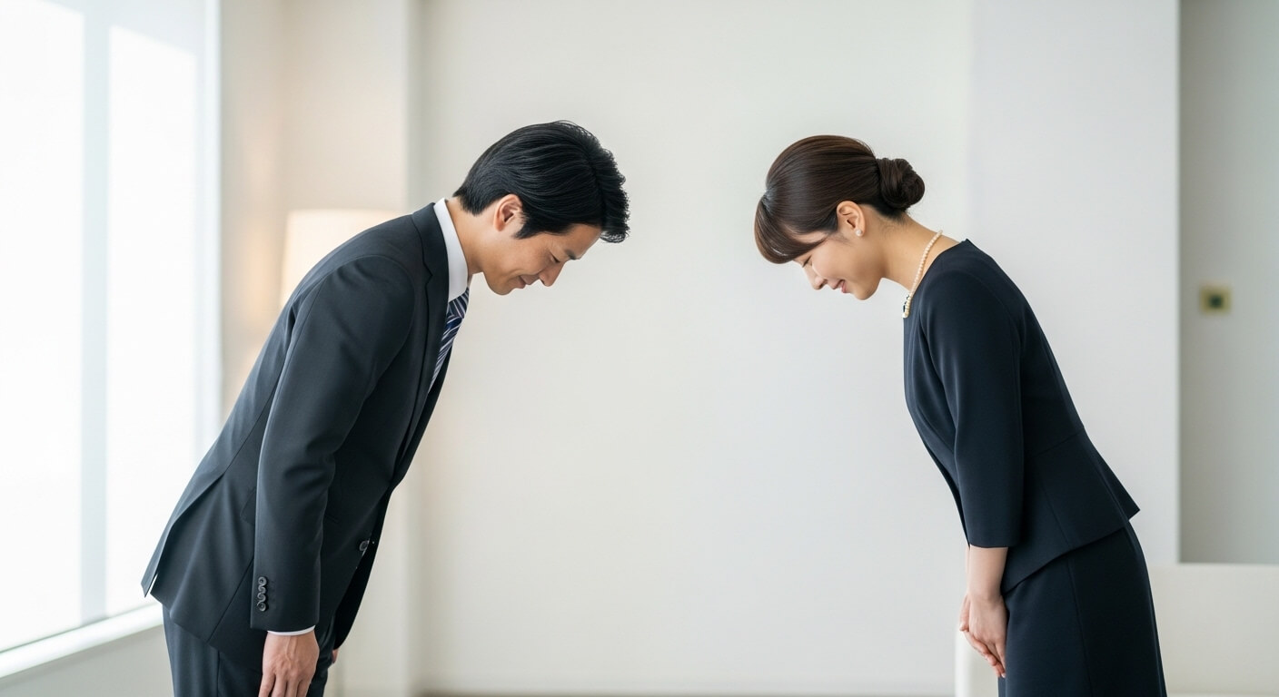 Two business professionals bowing respectfully to each other in a bright office setting.
