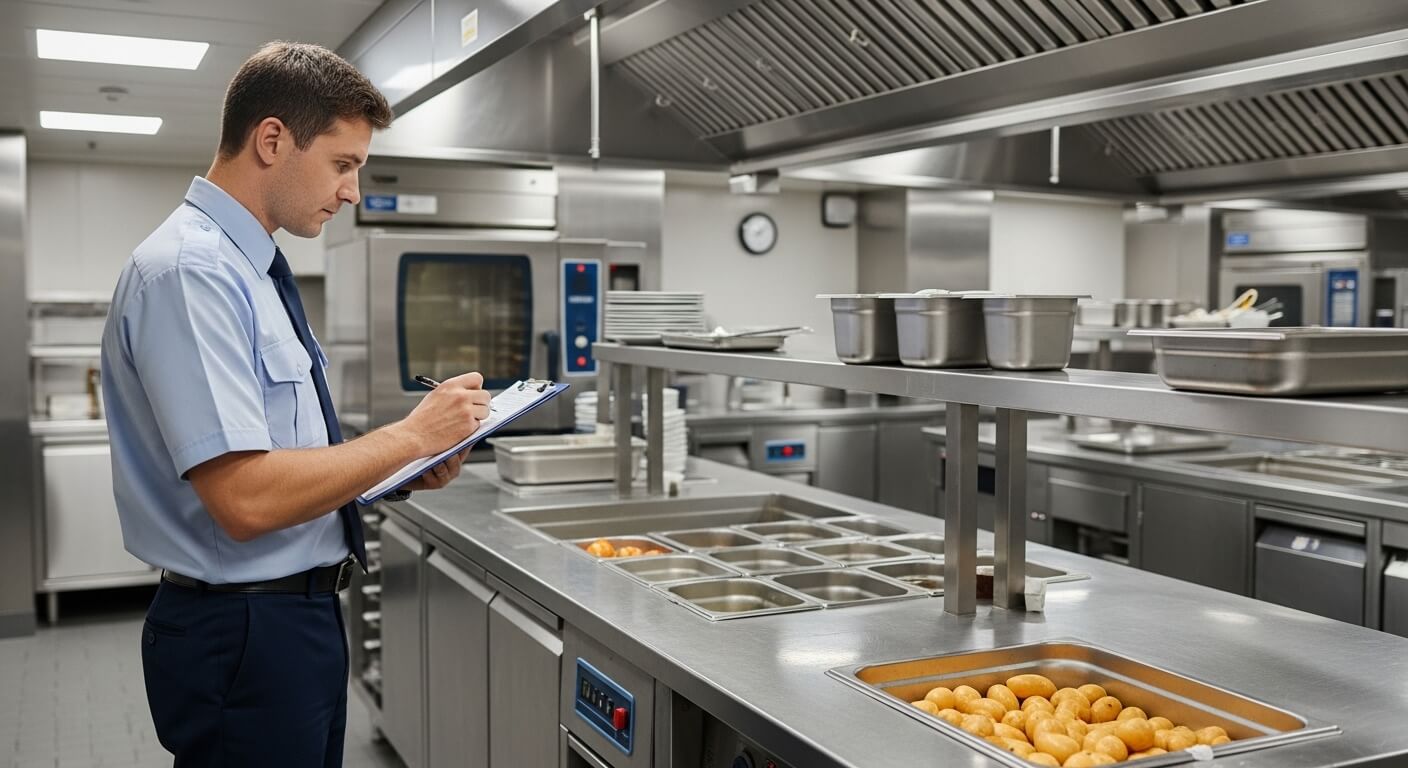 Man in uniform inspecting and taking notes in a commercial kitchen with stainless steel counters and food trays