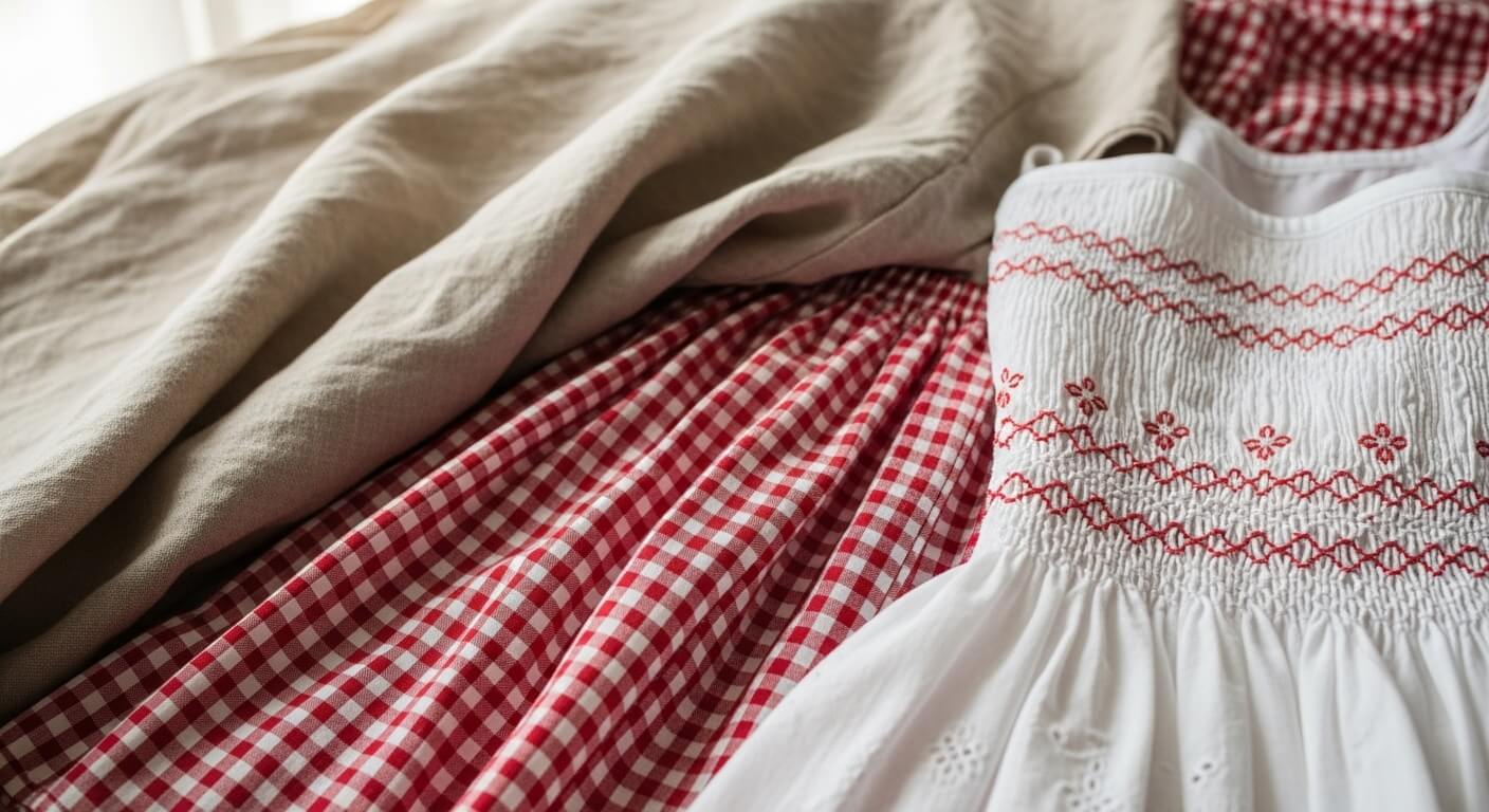 White dress with red embroidery and red gingham fabric next to beige linen fabric on a bed