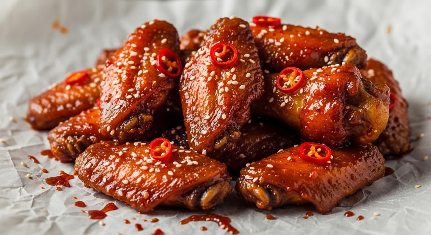 Spicy glazed chicken wings topped with sesame seeds and sliced red chili peppers on parchment paper.