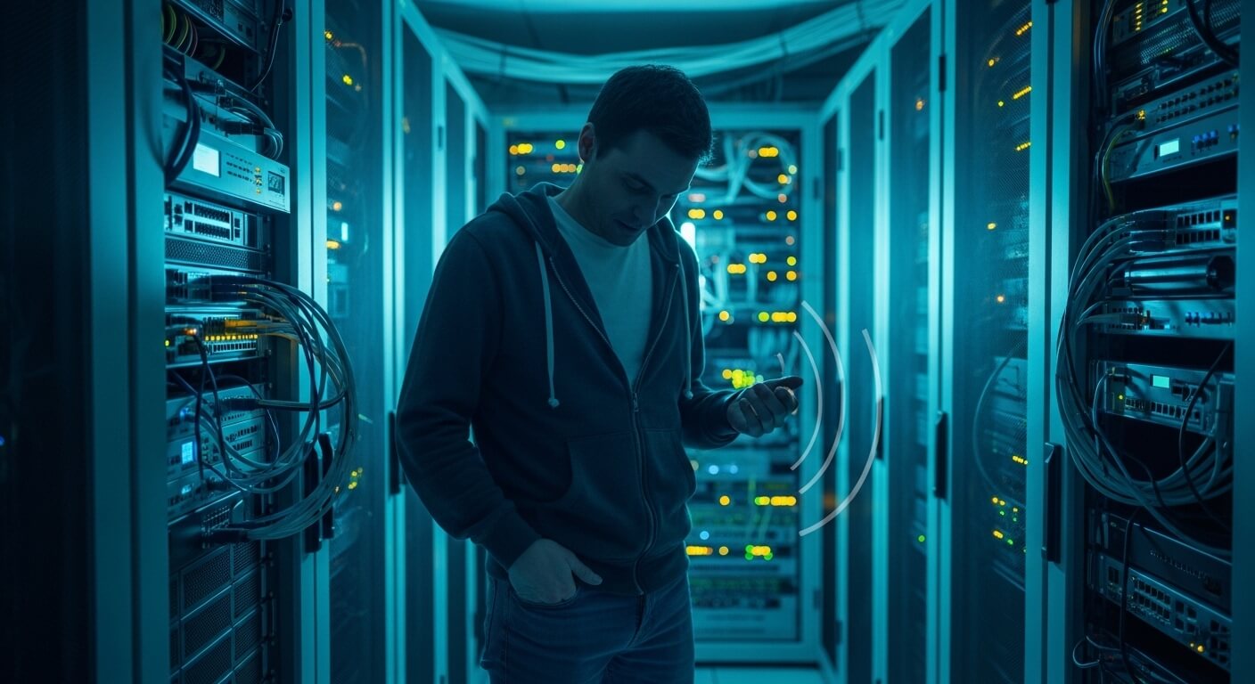 Man in hoodie using smartphone inside a server room with network equipment and blinking lights