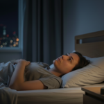 Woman lying awake in bed at night looking thoughtful with city lights visible through the window