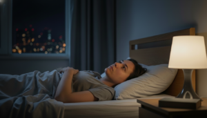 Woman lying awake in bed at night looking thoughtful with city lights visible through the window