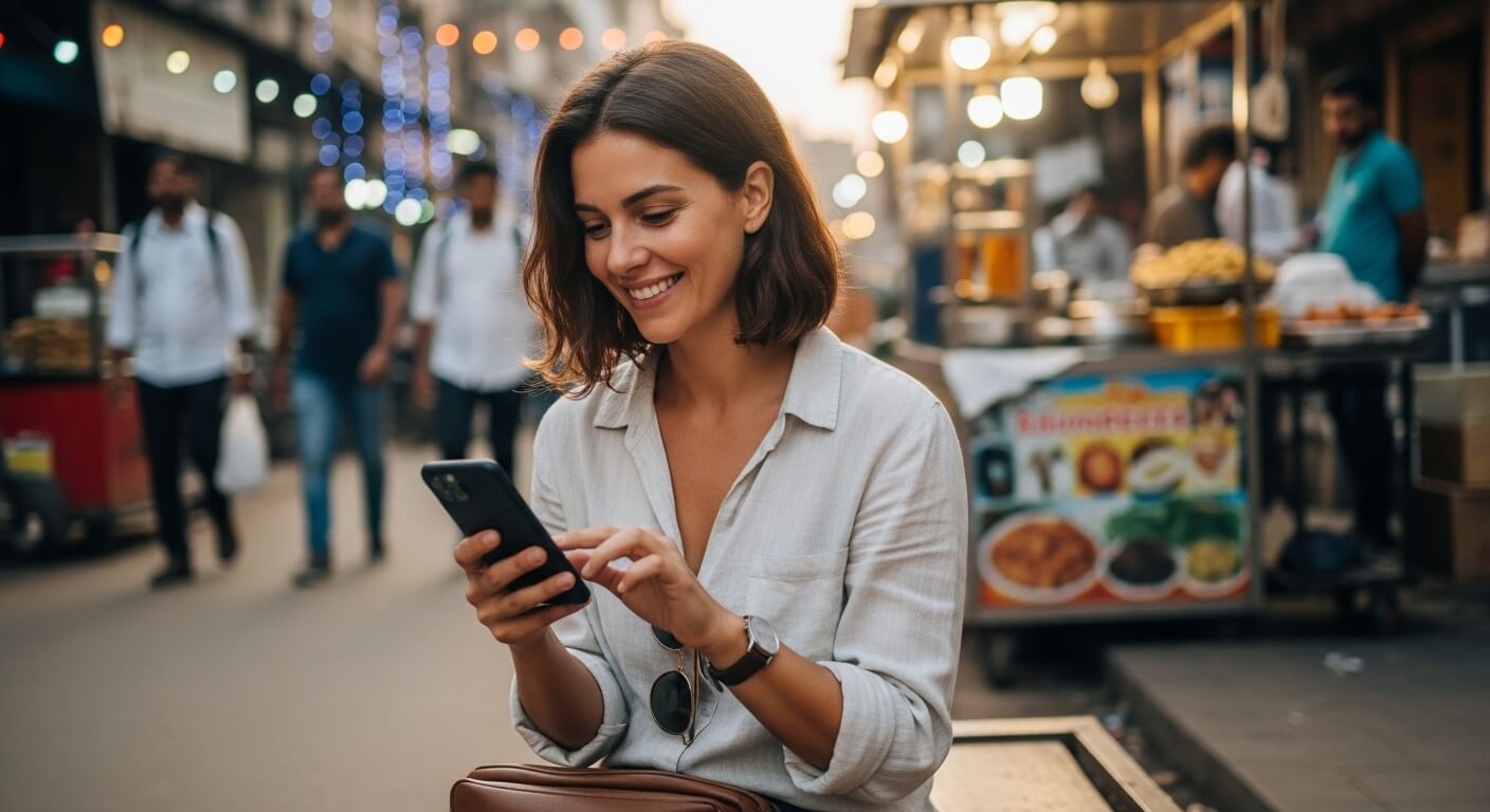 Smiling woman in white shirt using smartphone on busy street with food stalls in the background