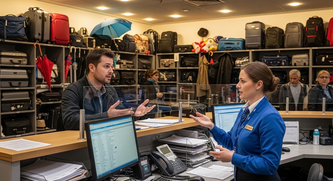 Man talking to female airline agent at lost luggage counter with shelves of suitcases and umbrellas behind them