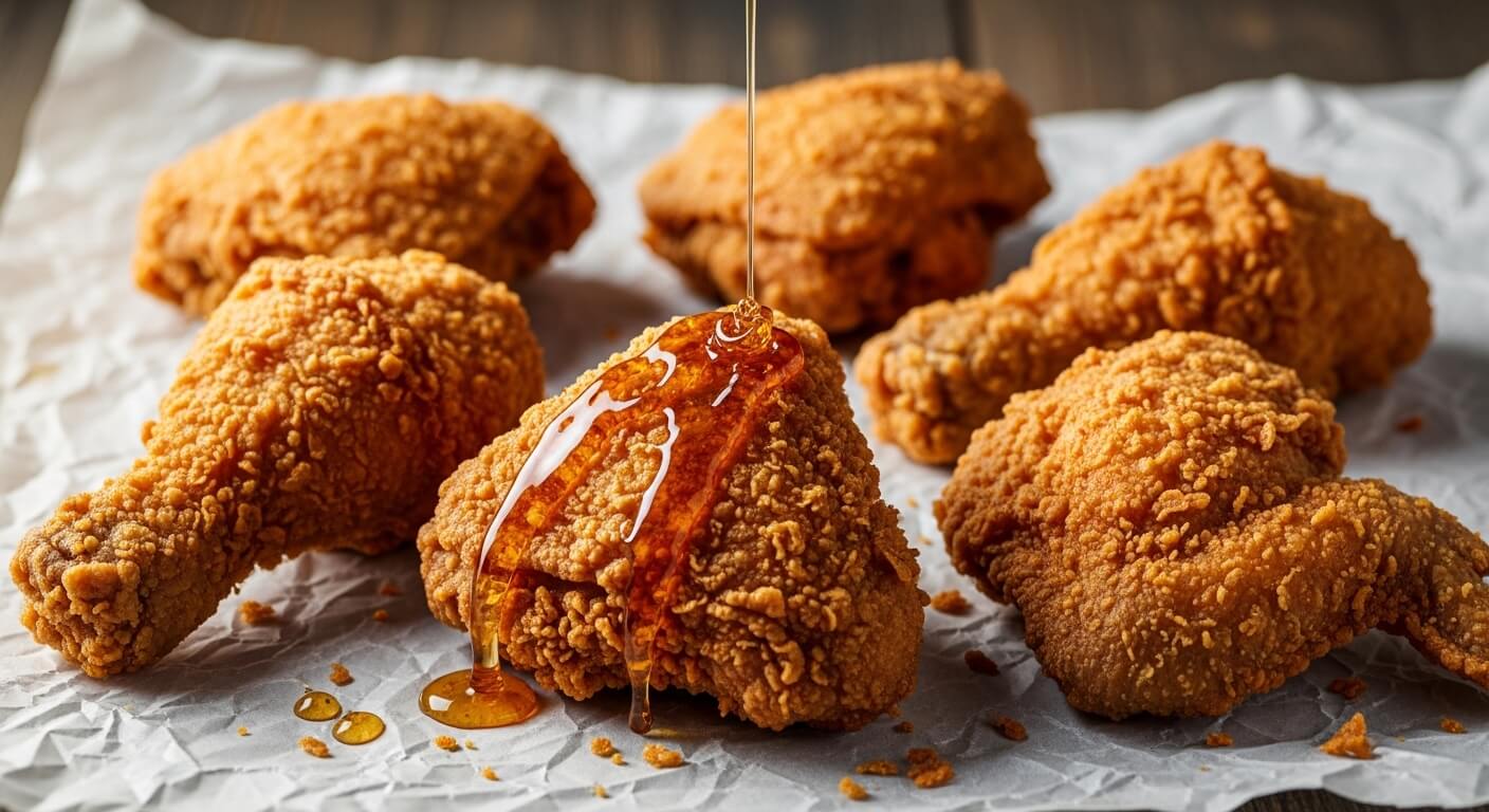 Honey being poured over crispy fried chicken drumsticks on parchment paper