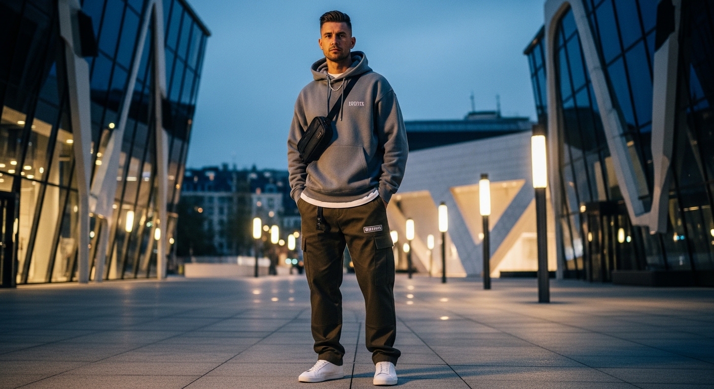 Man wearing a gray hoodie, black crossbody bag, cargo pants, and white sneakers standing in an urban plaza at dusk.