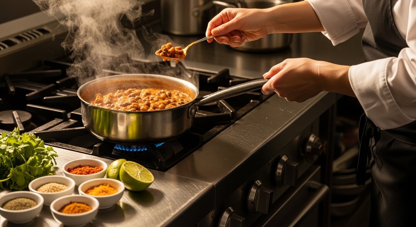 Chef stirring steaming beans in a pot on a gas stove with spices, lime, and cilantro nearby in a kitchen.