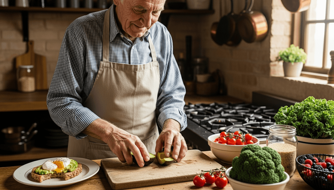 Older man in apron slicing avocado on a cutting board in a kitchen with fresh vegetables and fruit nearby