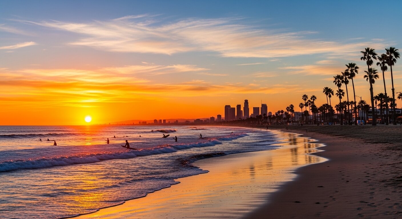 Surfers in the ocean at sunset with the Los Angeles skyline and palm trees along the beach.