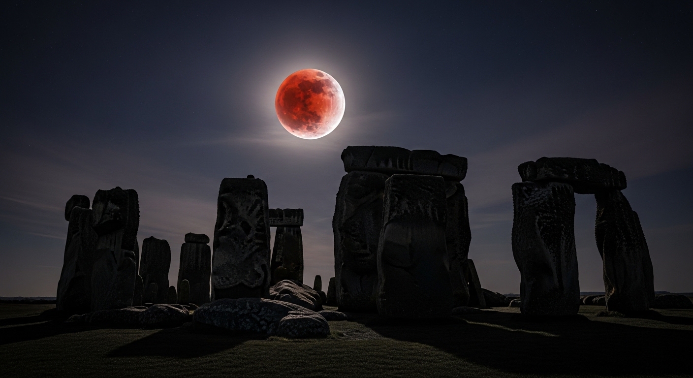 Blood moon lunar eclipse over Stonehenge at night with dark sky and clouds