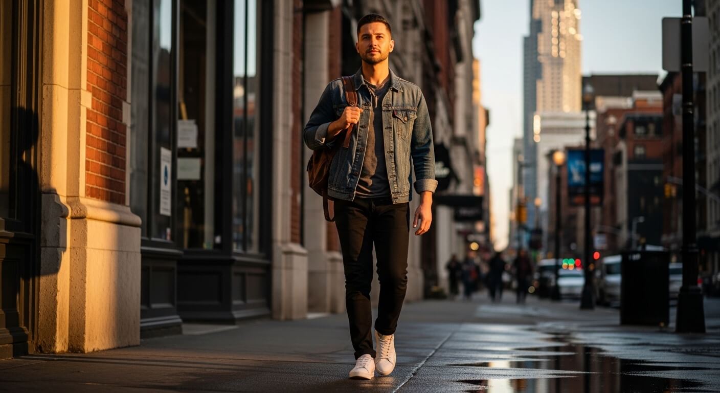 Man wearing denim jacket and white sneakers walking on city sidewalk at sunset carrying a brown backpack