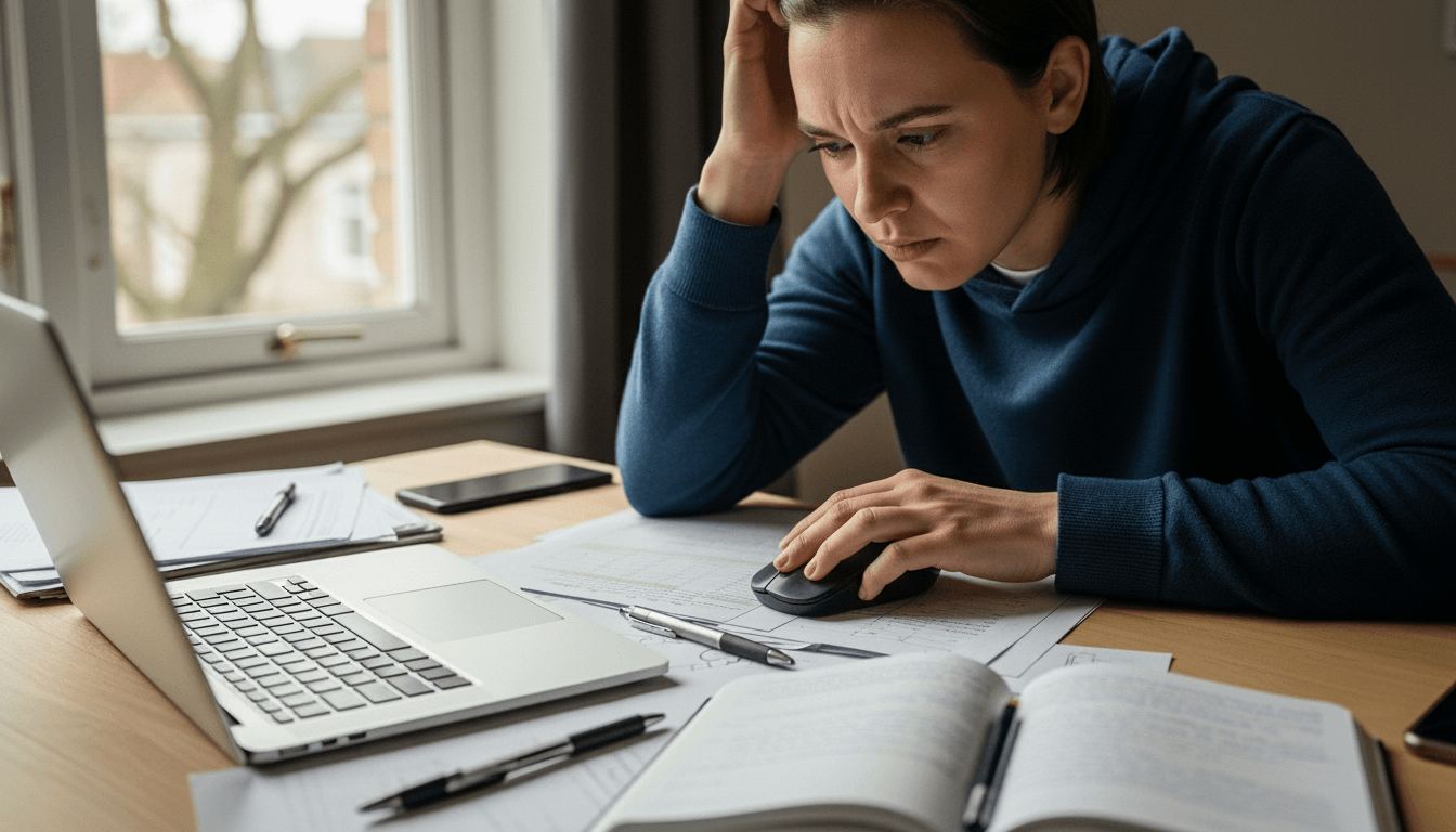 Woman in blue hoodie concentrating on laptop and documents at a desk with pens and a smartphone nearby
