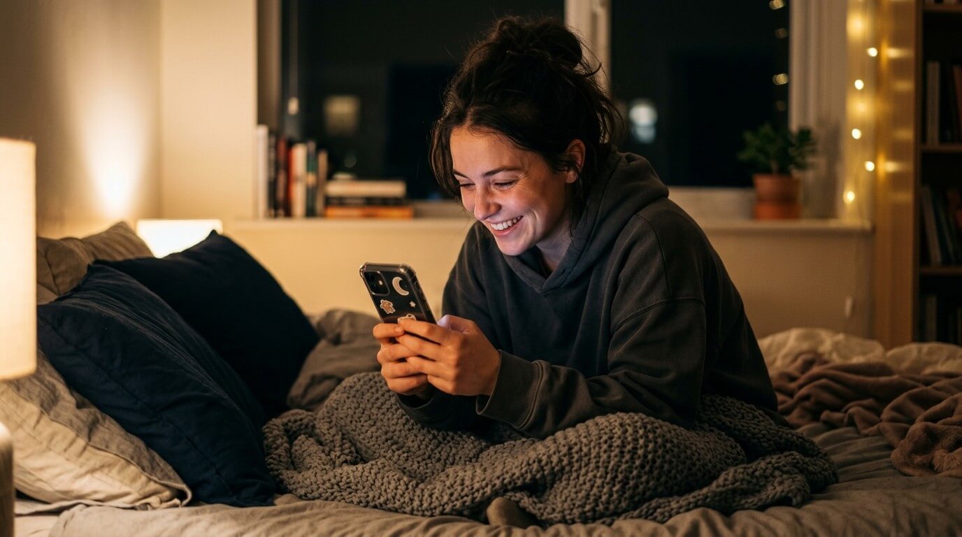 Young woman in a dark hoodie smiling at her phone while sitting on a bed with a gray knitted blanket at night