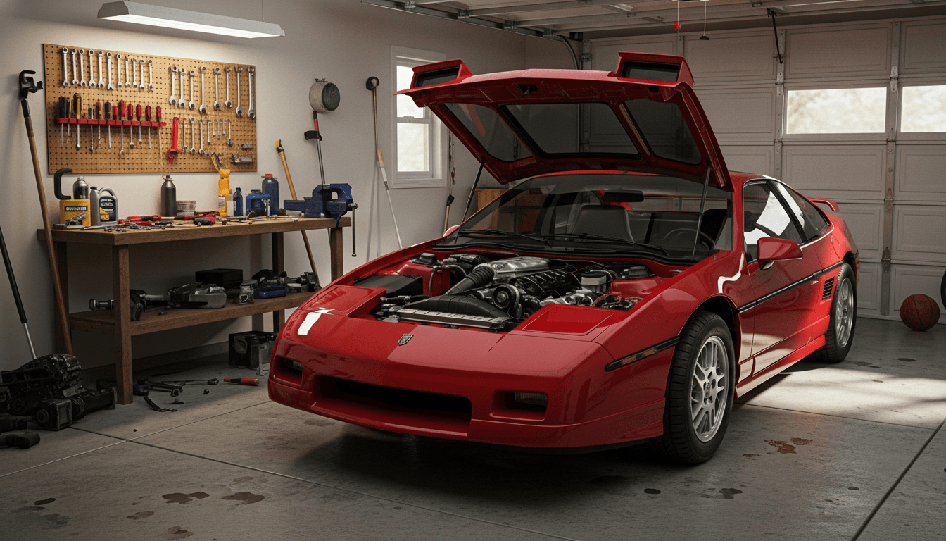 Red sports car with open hood showing engine in a garage with tools on a workbench and a basketball on the floor.