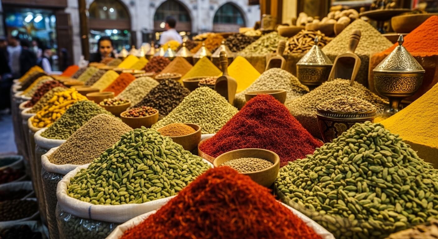 Colorful piles of various spices and herbs displayed in a market stall with wooden scoops and bowls.