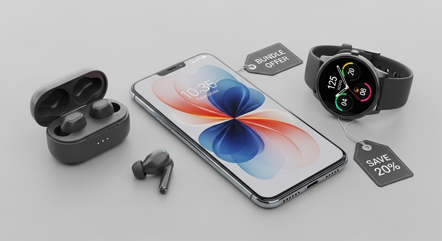 Smartphone, wireless earbuds with charging case, and smartwatch with discount tags showing bundle offer and 20% savings.