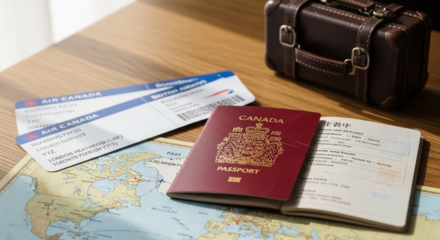 Canadian passport, Air Canada boarding passes for London flights, and a small brown leather suitcase on a wooden table.