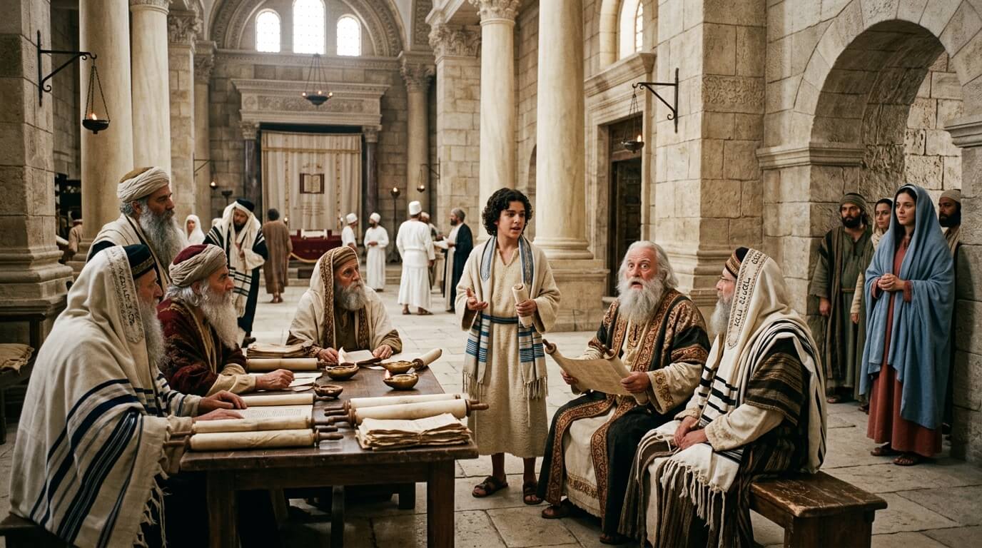 Young man presenting scroll to Jewish elders in ancient stone synagogue with onlookers in robes and head coverings
