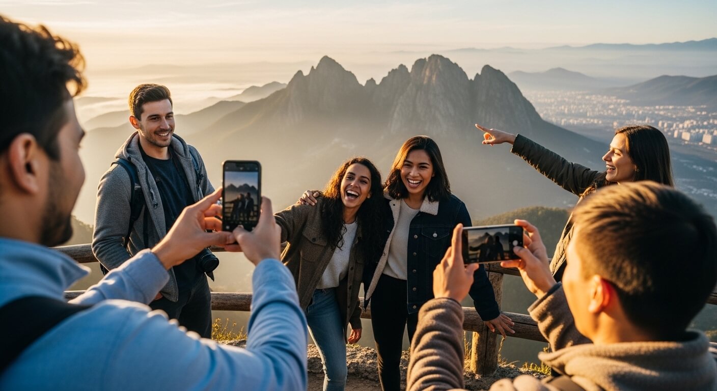 Group of friends taking photos and enjoying a mountain view at sunrise with misty peaks in the background
