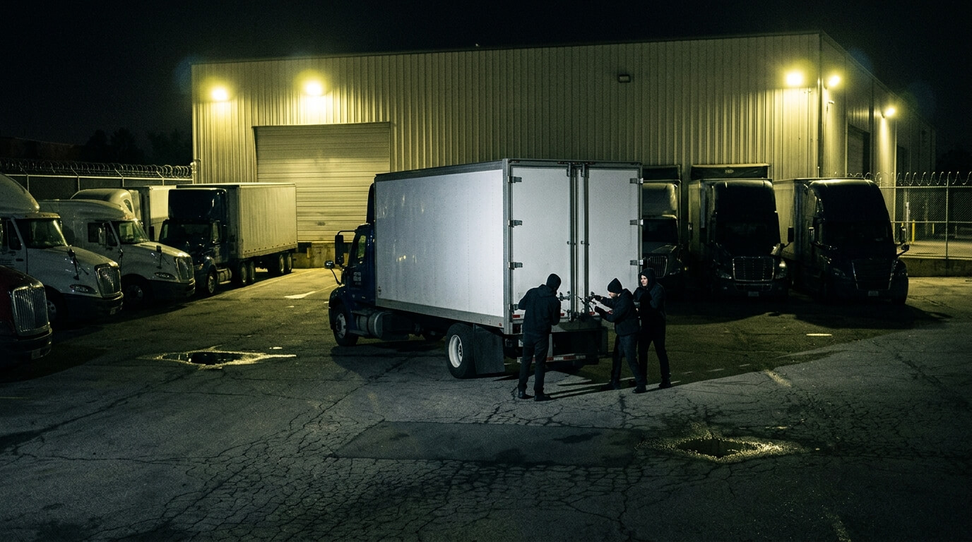 Three people in dark clothing attempting to break into a white delivery truck at night in a truck yard