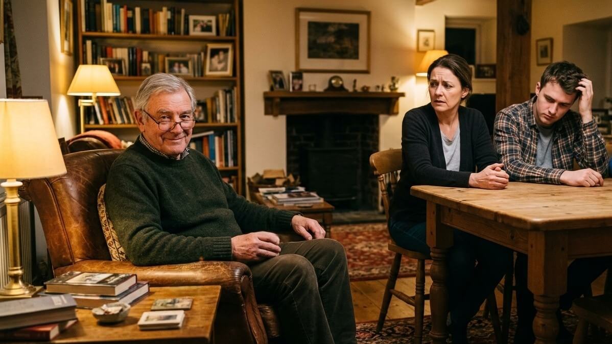 Older man smiling in armchair while younger woman and man sit at table looking concerned in cozy living room