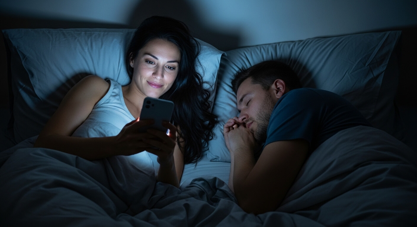 Woman using smartphone in bed while man sleeps beside her under blue bedding at night