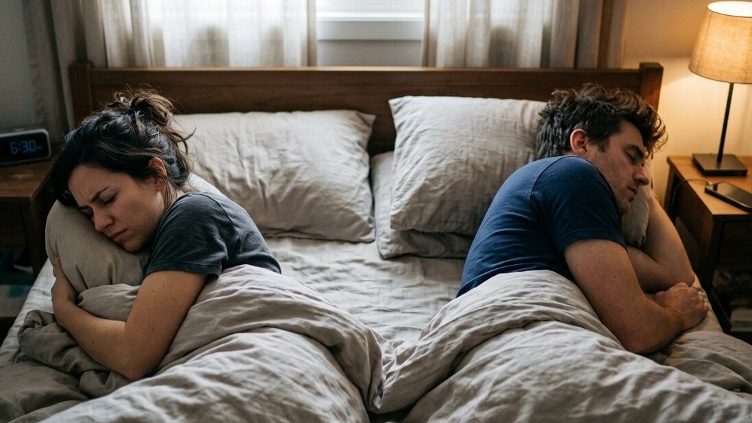 Couple lying back-to-back in bed, appearing upset or distant, with neutral bedding and a bedside lamp on.