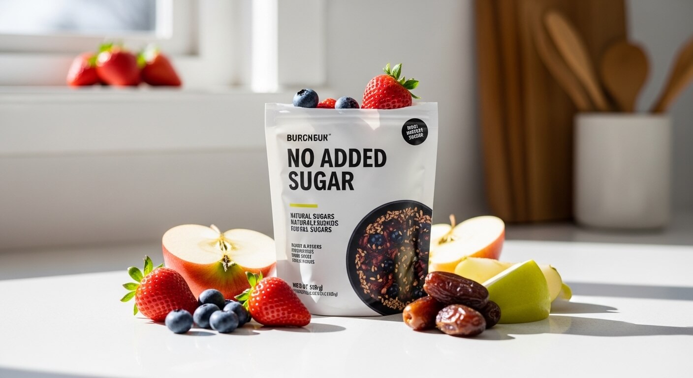 BURCNSUN No Added Sugar granola package surrounded by strawberries, blueberries, apple slices, and dates on a white surface.
