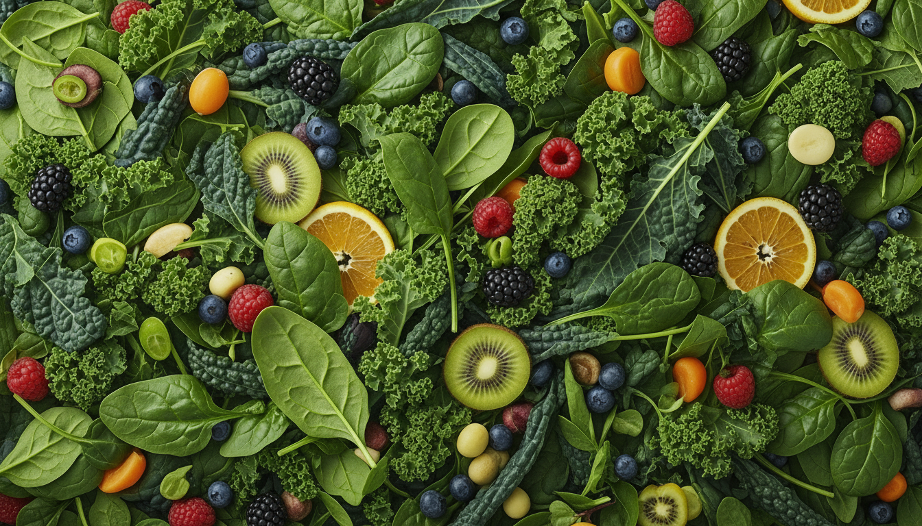 Mixed fresh greens with kale, spinach, kiwi slices, orange slices, blueberries, raspberries, blackberries, and kumquats.