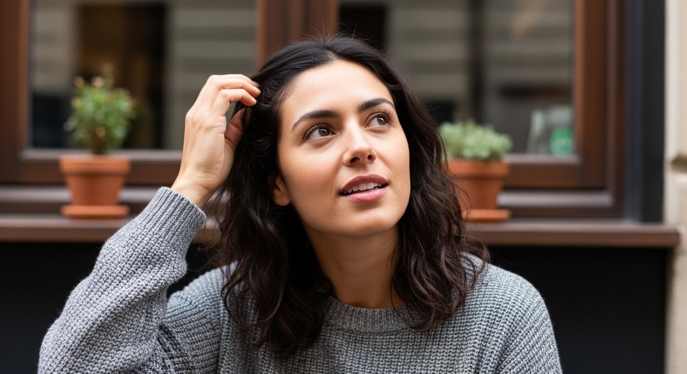 Young woman with dark hair wearing a gray sweater, touching her hair and looking upward, sitting outdoors near potted plants.