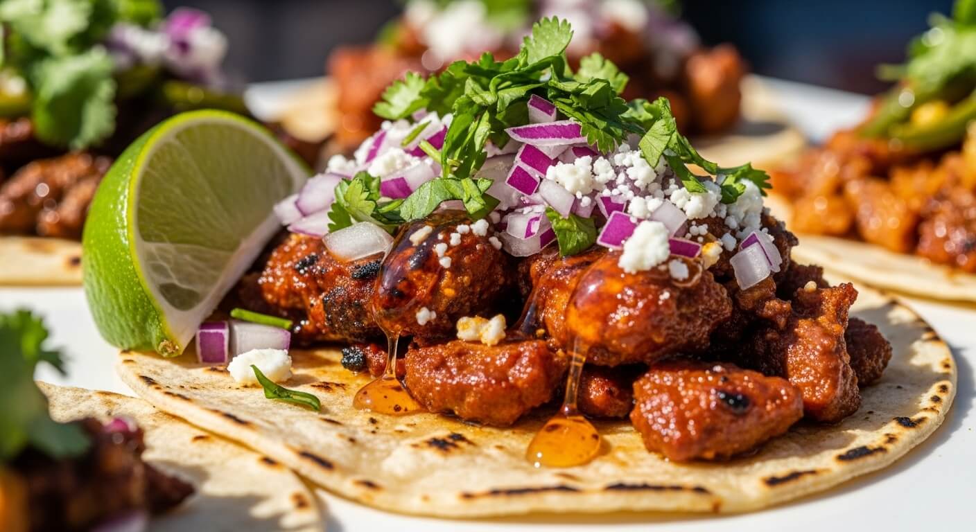 Taco with grilled chorizo, chopped red onions, cilantro, crumbled cheese, and honey drizzle with lime wedge on the side.