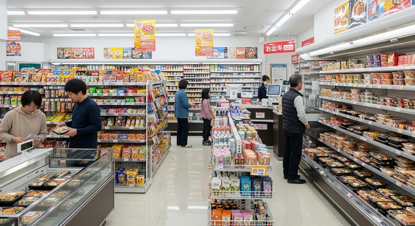 customers shopping for ready-to-eat meals and snacks inside a Japanese convenience store