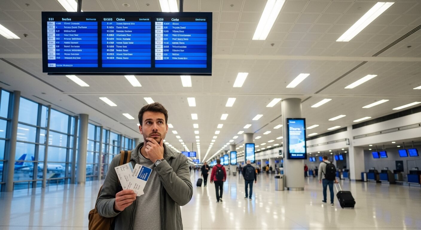 Man holding boarding passes and looking at flight information screen in airport terminal.