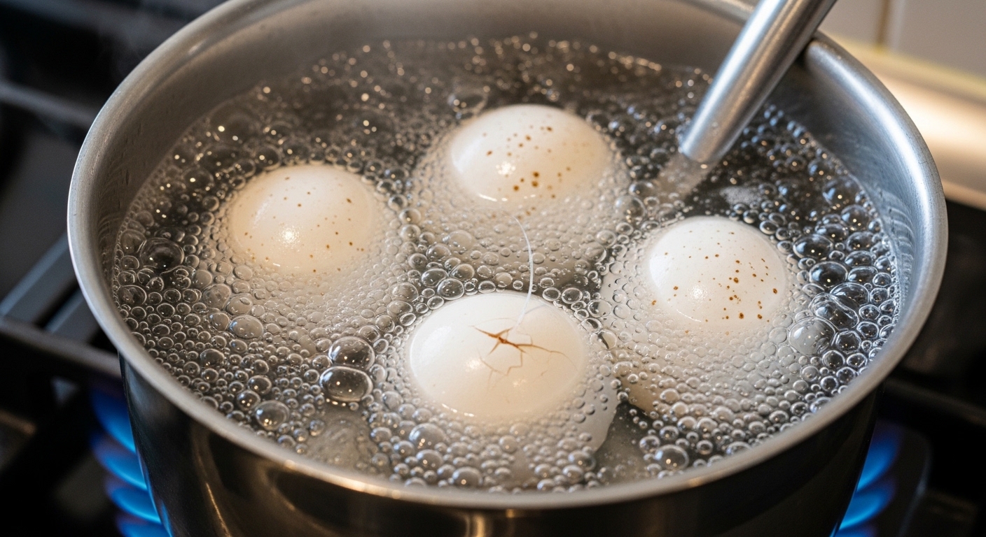 Four eggs boiling in a pot of water on a stove, one egg has a cracked shell.
