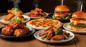 Steaming plates of fried chicken, chicken wings, pizza, and two burgers with sauce on a wooden table