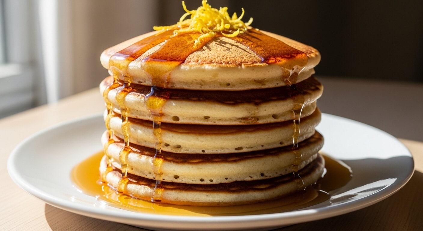 Stack of six pancakes topped with lemon zest and dripping maple syrup on a white plate