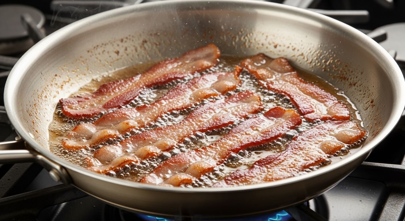 Strips of bacon frying and sizzling in a stainless steel pan on a gas stove burner.